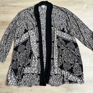 CHICO'S Travelers Slinky Jacket Open Front Cardigan Office Black Tan Design XL